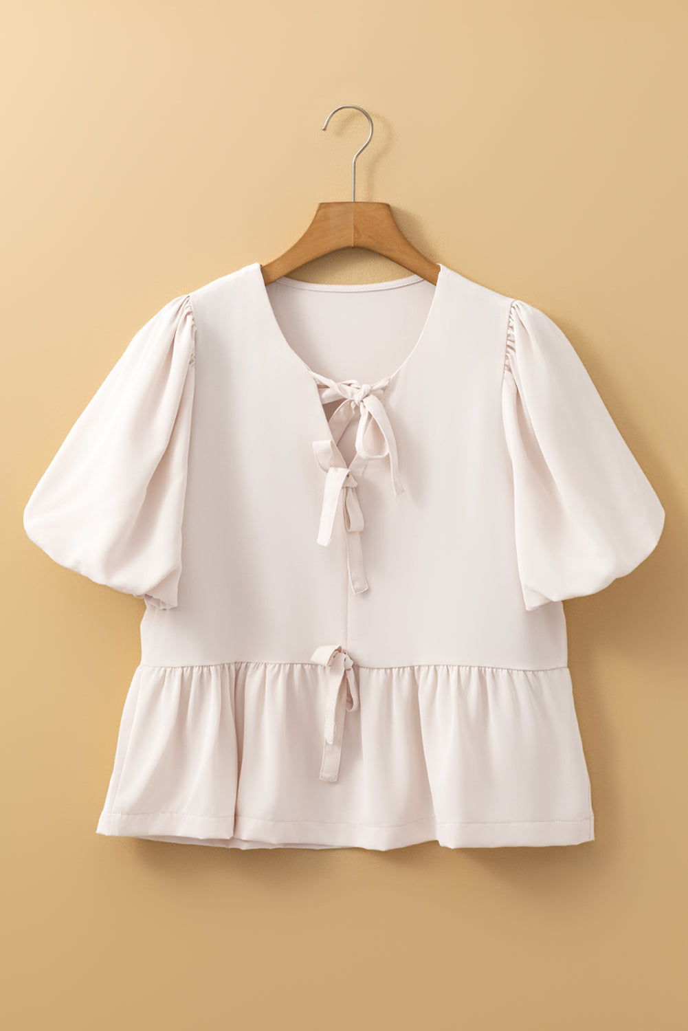 White Bow Tie Short Puff Sleeve Ruffle Hem Blouse