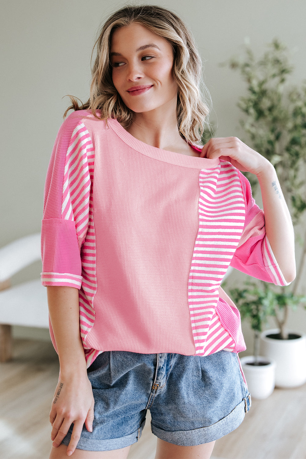 Pink Stripe Color Block Patchwork Loose Half Sleeve T Shirt