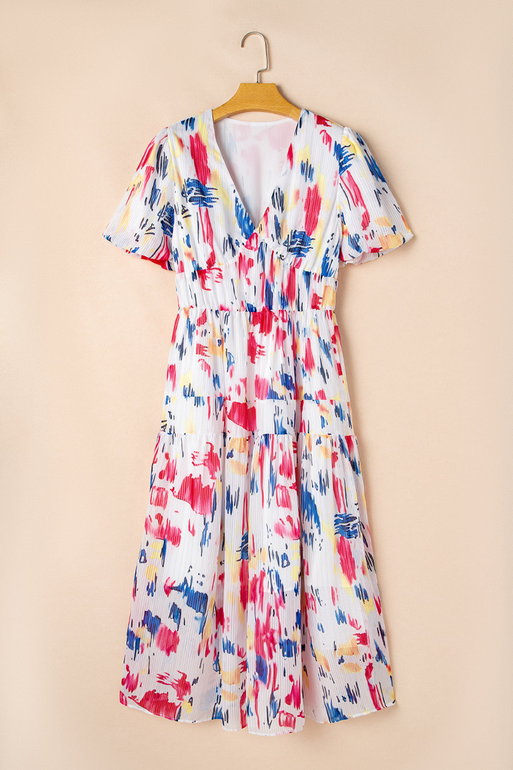 Rose Abstract Print Short Puff Sleeve Tiered Maxi Dress