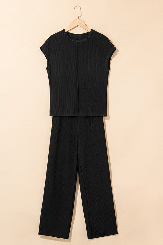 Black Solid Color Corded Short Sleeve Top and Casual Pants Set