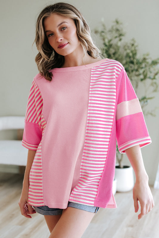 Pink Stripe Color Block Patchwork Loose Half Sleeve T Shirt