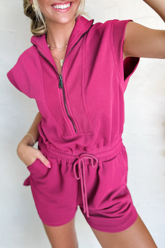 Rose Red Textured Short Sleeve Half Zip Drawstring Waist Romper