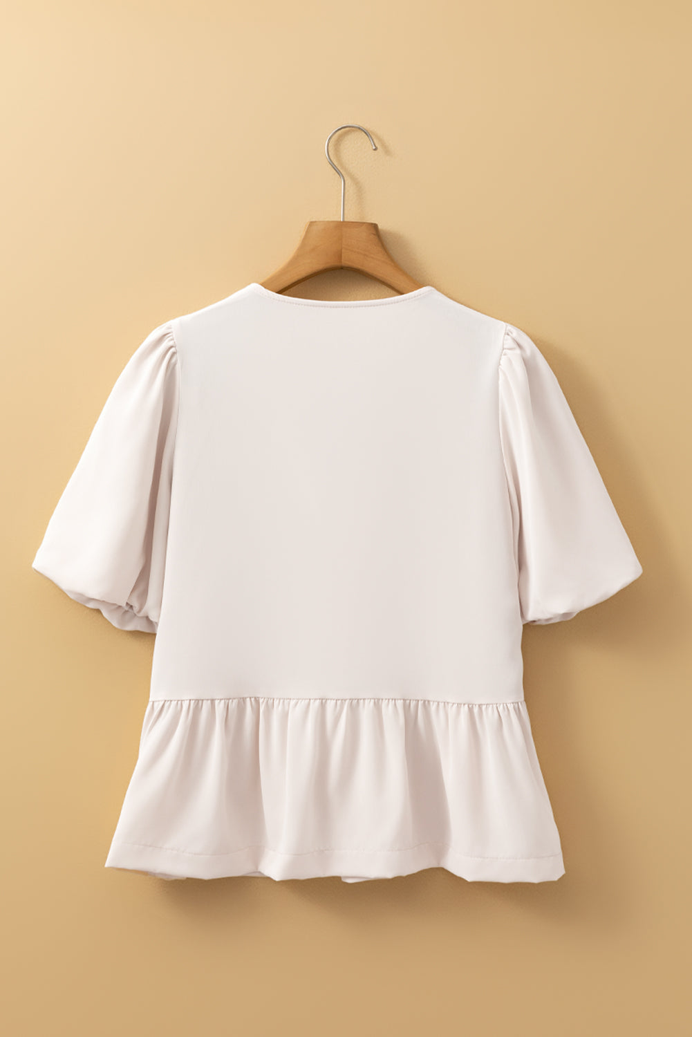 White Bow Tie Short Puff Sleeve Ruffle Hem Blouse