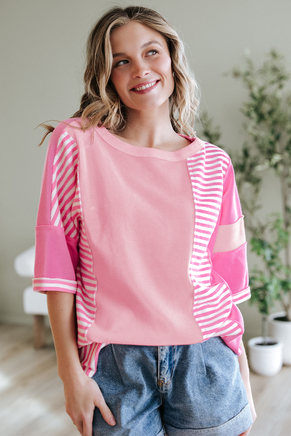 Pink Stripe Color Block Patchwork Loose Half Sleeve T Shirt