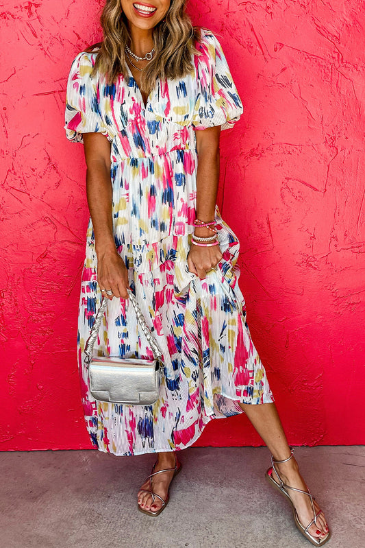 Rose Abstract Print Short Puff Sleeve Tiered Maxi Dress