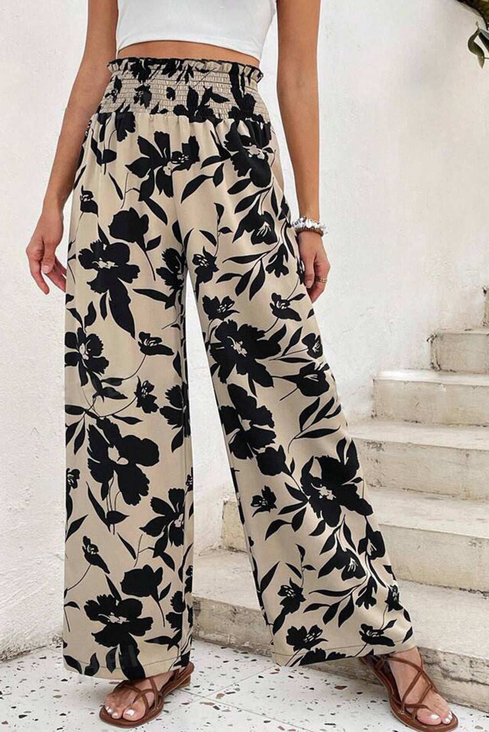 Khaki Floral Print Smocked High Waist Wide Leg Pants