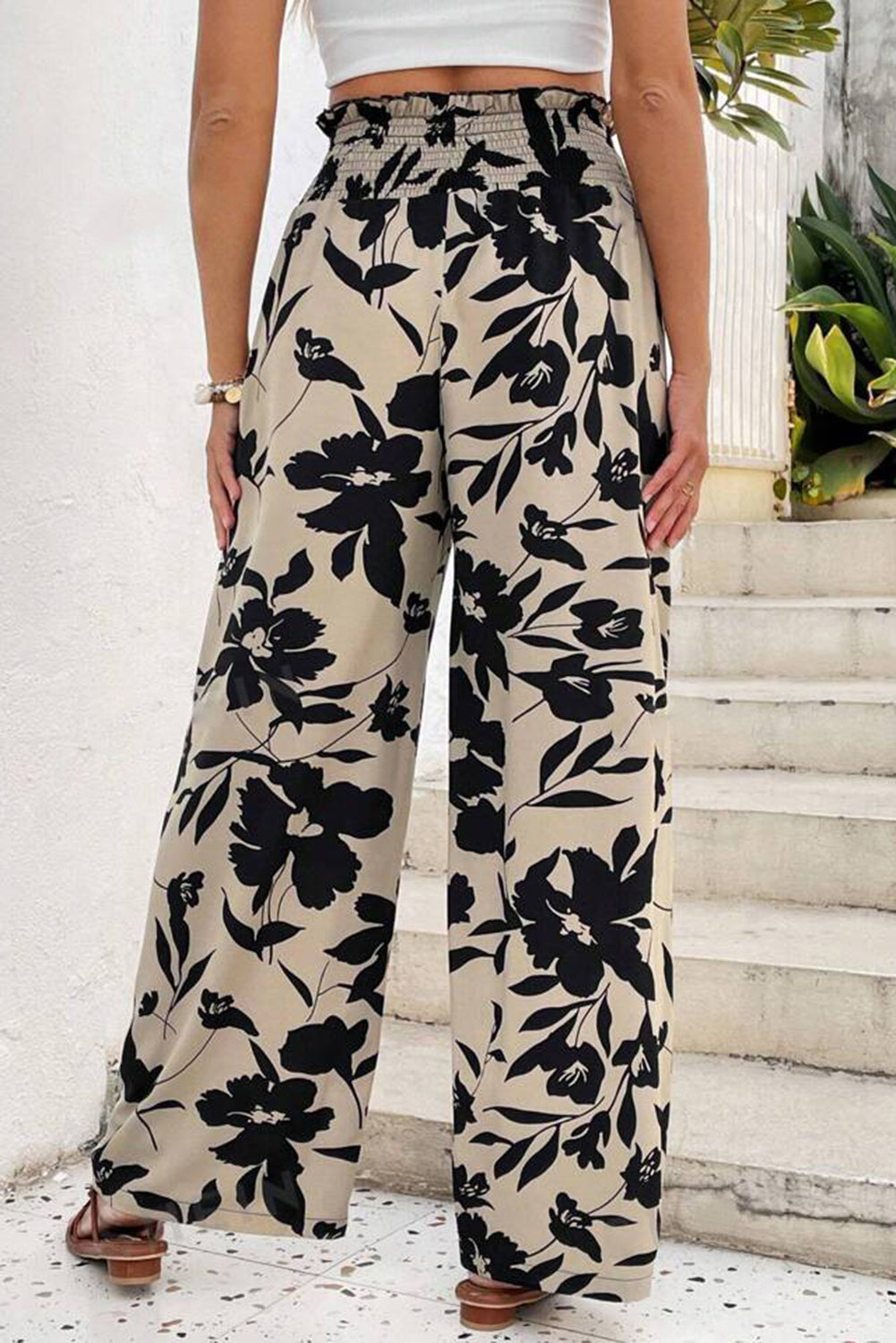 Khaki Floral Print Smocked High Waist Wide Leg Pants