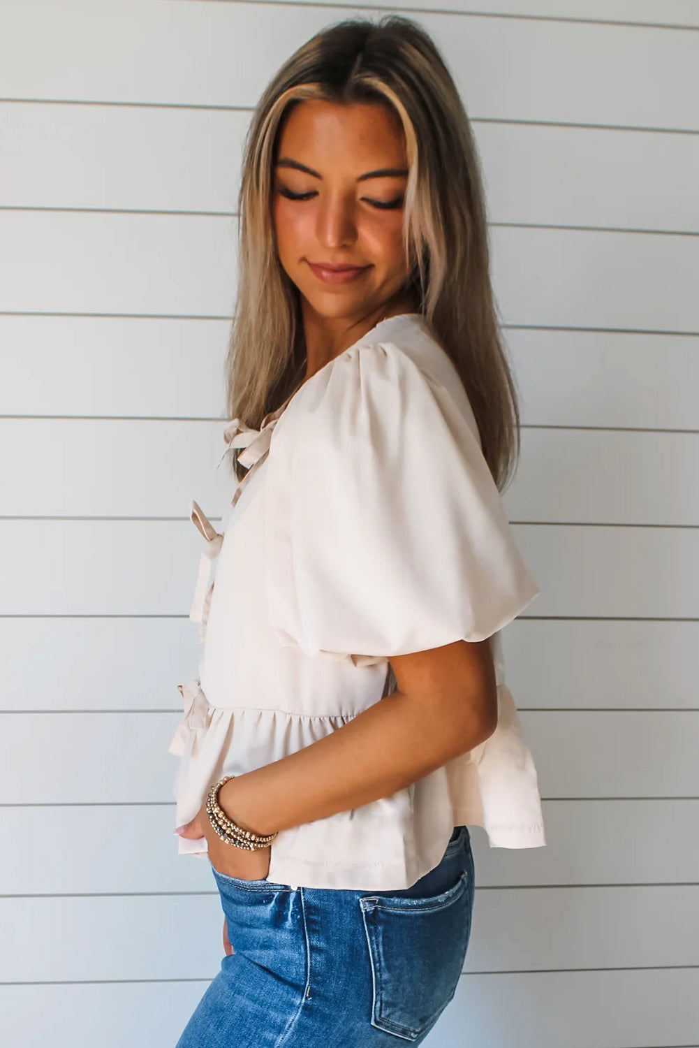 White Bow Tie Short Puff Sleeve Ruffle Hem Blouse