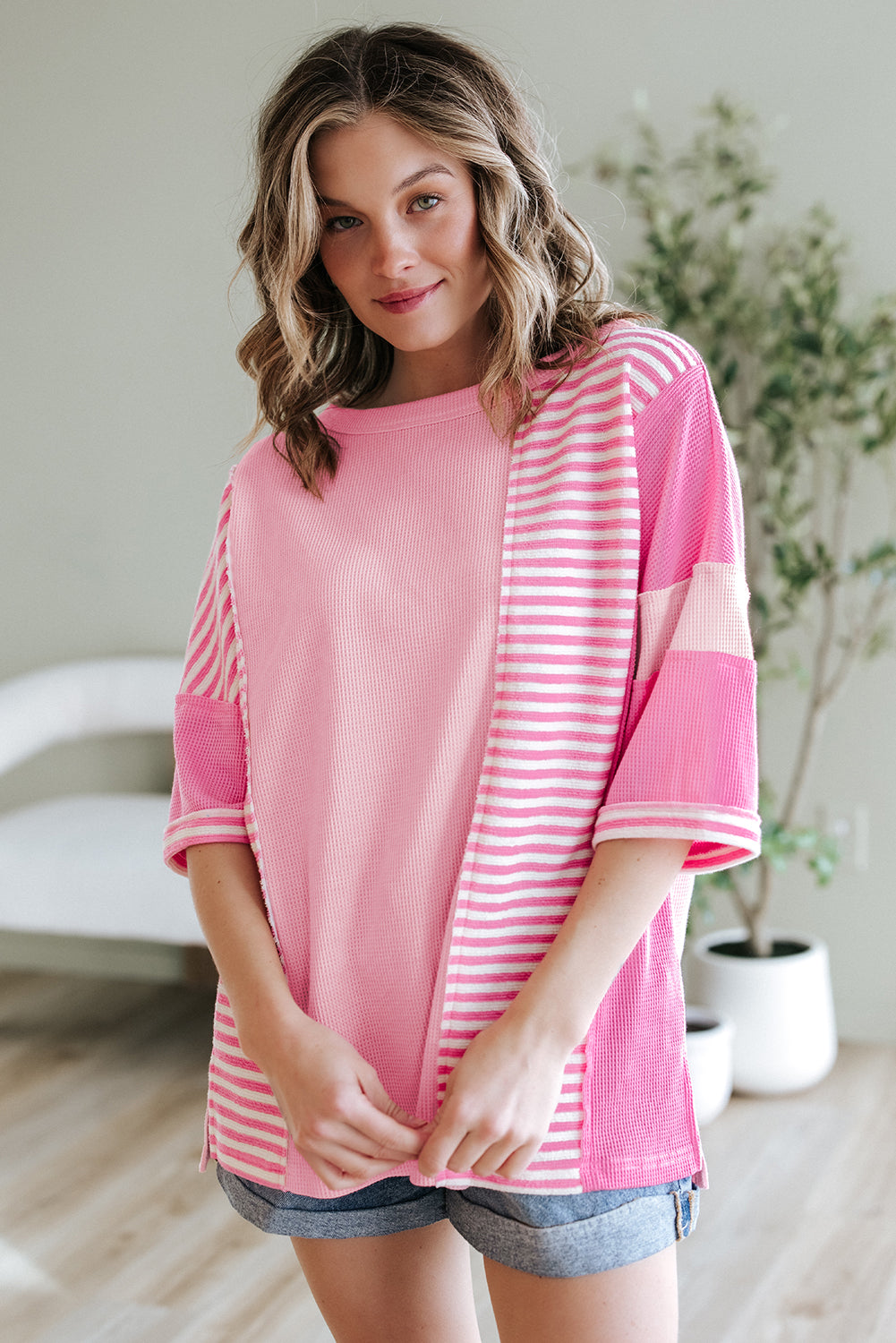 Pink Stripe Color Block Patchwork Loose Half Sleeve T Shirt