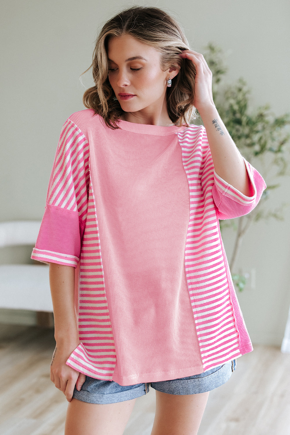 Pink Stripe Color Block Patchwork Loose Half Sleeve T Shirt