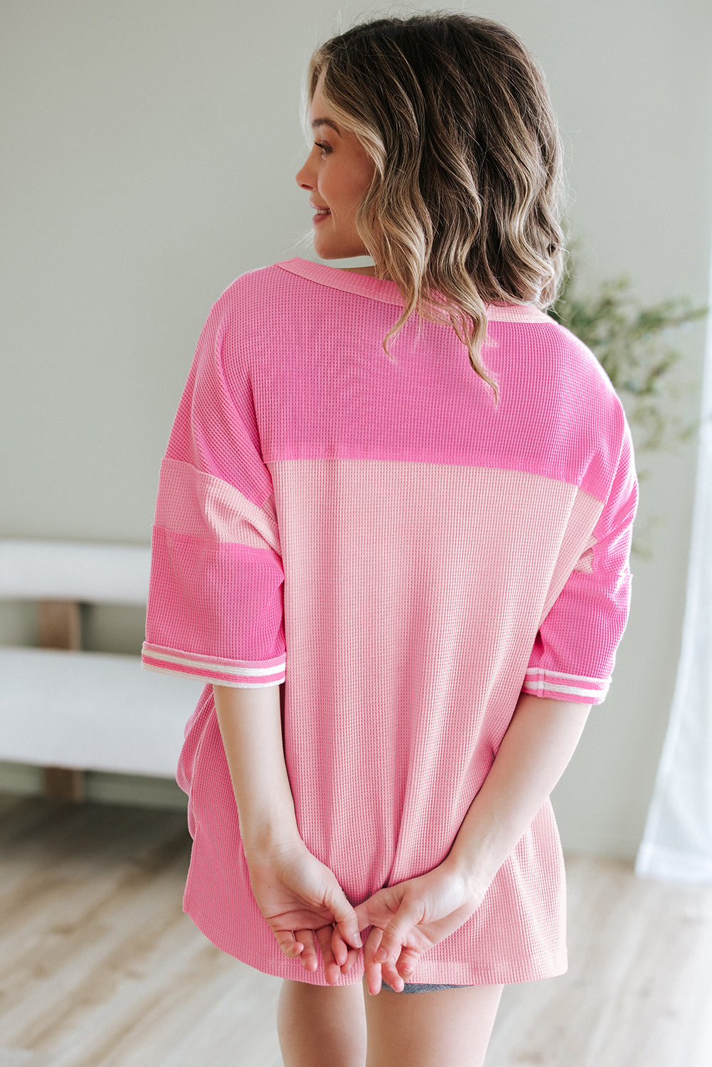 Pink Stripe Color Block Patchwork Loose Half Sleeve T Shirt