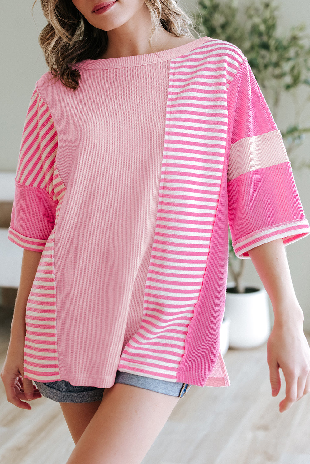 Pink Stripe Color Block Patchwork Loose Half Sleeve T Shirt